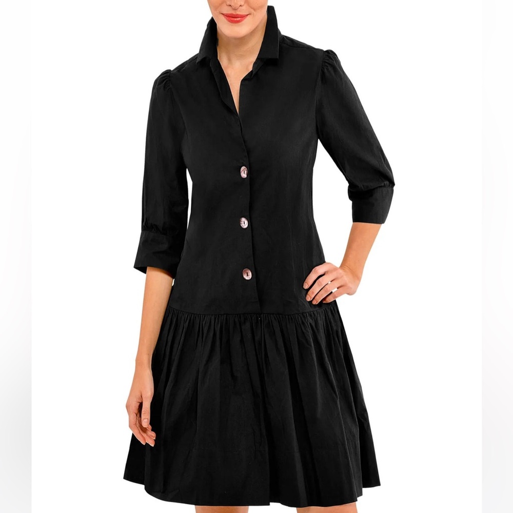 Gretchen Scott S 100% Cotton Poplin So Sweet Dress Solid Black Buttons Pockets